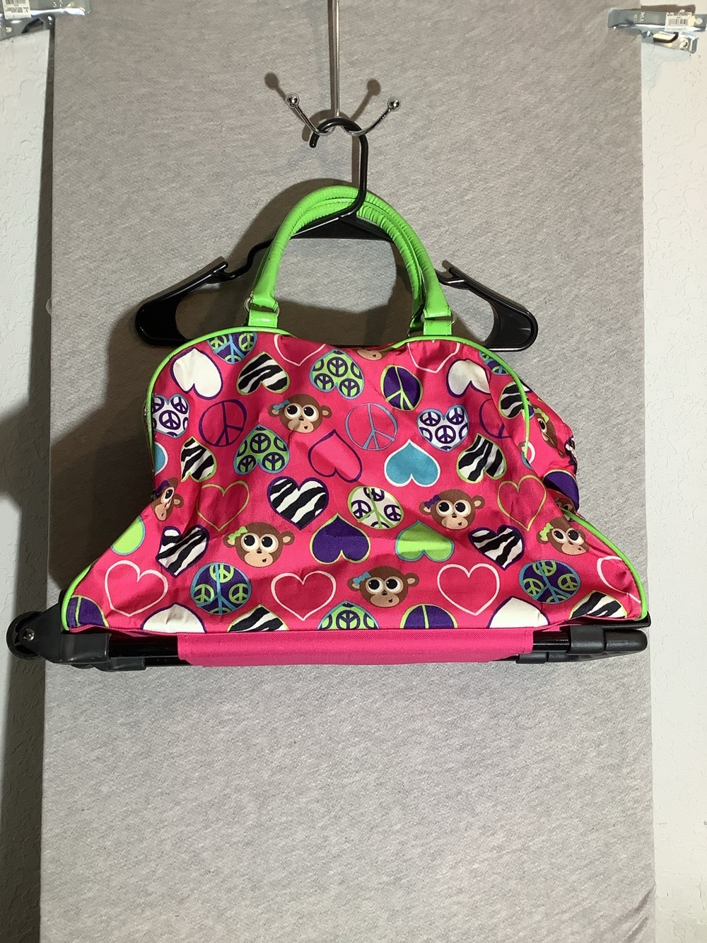 Kids Justice Bright Pink Heart & Monkey Carry Bag with Lime Handles